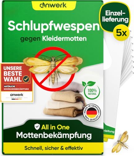 anwerk® Schlupfwespen gegen Kleidermotten - 5 Karten à 1 Lieferungen - Effektiv Kleider Motten bekämpfen - Alternative zur Mottenfalle, Mottenspray, Pheromonfalle