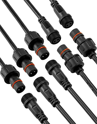 QWORK® 5 Pairs Electrical Connector IP65 Waterproof with 20cm 18 AWG Extension Cable, 2 Pin Male Female Connectors for LED Lighting and Outdoor Applications