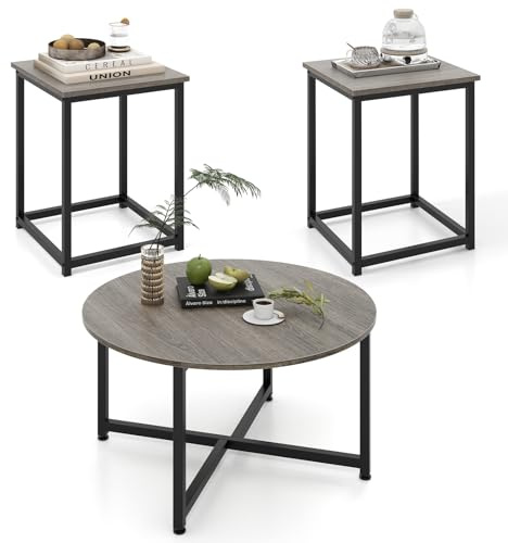Giantex Round Nesting Table Set of 3, Farmhouse Coffee Table w/2 End Tables, Sturdy Metal Frame, 3-Piece Wooden Living Room Table Set for Home Office, Apartment (Black Oak)