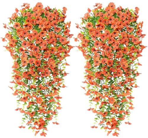 Kunstblumen Hängend 4 Stück Künstliche Hängepflanzen wie Echt 76cm Orange | Kunstblumen Outdoor Herbst Künstliche Pflanzen UV-Beständig für Draußen Garten Balkon Hochzeit Herbstdekoration