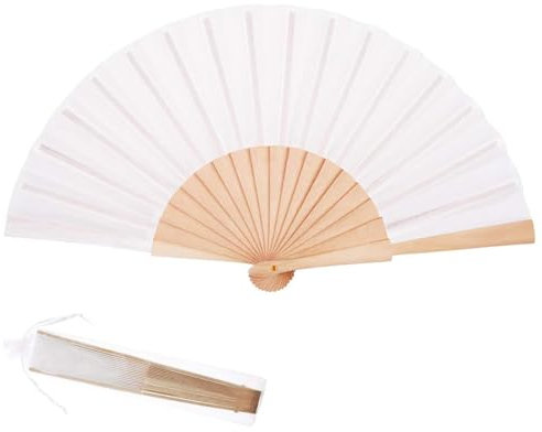 AFCJLTO Faltbare Handfächer Chinesischer Stil mit Bambus-Griffen und weißem Stoff,Mit Organza-Aufbewahrungsbeutel, ideal für Hochzeiten, Geburtstage und Partys