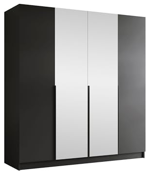 Mirjan24 Kleiderschrank mit Spiegel, Einlegeböden und Kleiderstange Salkor II, Vielseitiger Drehtürenschrank, Elegantes Kleiderschrank 4-türig (Schwarz)