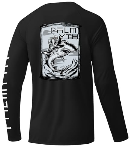 Palmyth Mens Fishing Shirts Sun Protection T-Shirts UV UPF 50+ Long Sleeve Rash Guard Tee, Black / Diver Shark, X-Large