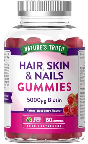Hair, Skin, Nails Gummies | 5000µg Biotin, Vitamin C, E, Zinc, Iodine & More | Beauty Vitamins | for Women & Men | 60 Raspberry Gummies | Vegan | Nature's Truth