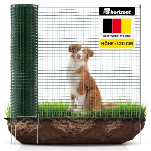horizont Hundezaun FIX, 25 m lang, 120 cm hoch, 15 Pfähle, engmaschig | Begrenzungszaun, mobiler Zaun, ideal für große Haustiere, Hunde, Auslauf für Hunde, Steckzaun, Hundezaun Camping
