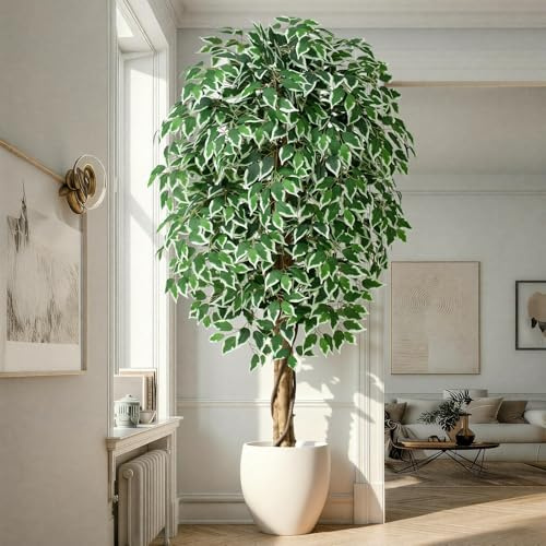 Keeplush 6.2ft Ficus Artificial Trees with 3 Natural Curved Trunks, 74 Tall Lush Faux Tree for Home Decor Indoor, Green Lifelike Fake Ficus Tree 1pcs