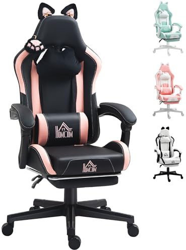 HOMCOM Silla Gaming con Orejas Silla Gamer Reclinable 135° con Altura Ajustable Reposapiés Retráctil Soporte Lumbar Giratorio 360° y Reposacabezas Desmontable Silla para Oficina Estudio Negro