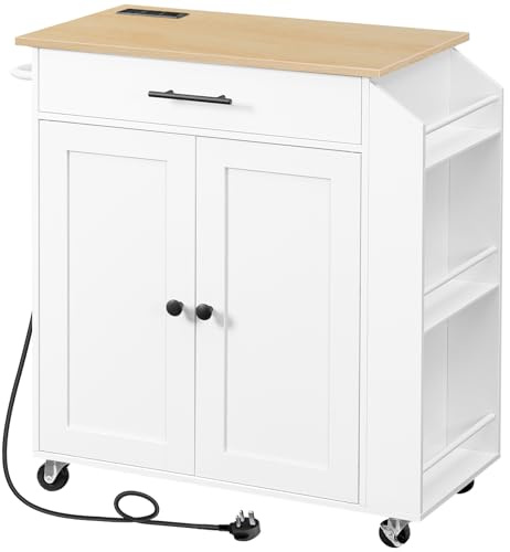HOOBRO Kitchen Island on Wheels, Rolling Kitchen Island Storage Trolley with Spice Rack and Drawer, with Power Outlet, Utility Serving Cart, for Home, Dining Room, White and Natural EWN82KZD01G1
