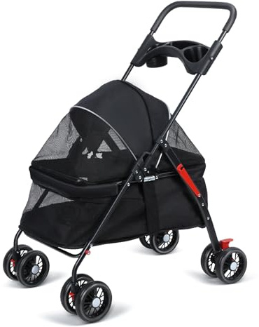 4-Rad faltbarer Hundewagen mit atmungsaktivem Mesh & Cup-Halter-tragbarer Haustier-Reiseträger für kleine bis mittlere Hunde, schockdes Reifen und zwei Bremsen 1 Satz