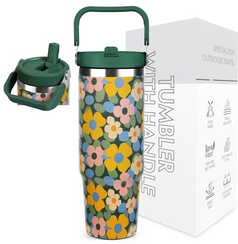BesWin Thermobecher 30oz Edelstahl Trinkflasche mit Strohhalm - 0.89 Liter Trinkbecher mit Henkel auslaufsicher - Flip Straw Tumbler - Doppelwandige Vakuumisolierung - Blühende Sträucher
