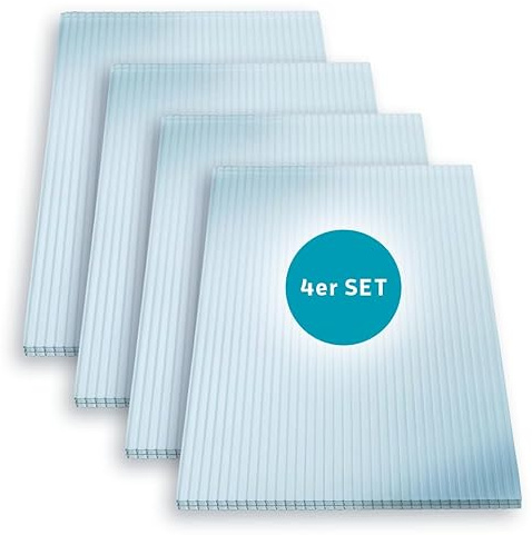 KAISER plastic® 4x Doppelstegplatten Polycarbonat 16/20-120 x 250 cm (12,0 m²) - Klar & UV-beständig - Hohlkammerplatten Xtra Strong - Stegplatten für Dach, Gewächshaus, Carport