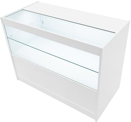 Bancone da Negozio LED Bianco C1200 – Vetrina con Ante Scorrevoli Bloccabili, 2 Chiavi, 3 Ripiani (2 a Vista, 1 Chiuso), Illuminazione Bianca Fredda, 120x90x60cm MDF e Vetro Temperato