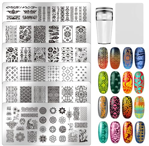 UNICRAFTALE Set di 6 piastre per timbri per unghie, con texture orientali, cultura cinese, per donne, fai da te, per manicure e salone