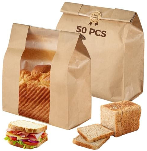 Lot de 50 sacs en papier au levain avec fenêtre, 34 x 21 x 8,9 cm, sacs à pain en papier pour pain fait maison, sacs d'emballage alimentaire avec étiquettes autocollantes, sac de rangement pour pain