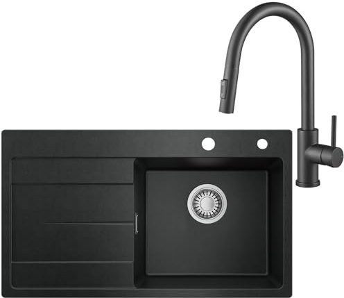 CECIPA Lavello nero 78 x 45 cm con rubinetto estraibile, lavello da cucina in granito, lavello da cucina per armadi da 45 cm di larghezza, lavabo da incasso con sifone e scarico