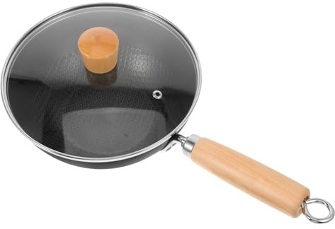 AUTSUPPL Sartén Wok de Hierro Negro 1.5l con Tapa de Vidrio, Antiadherente y Apto para Cocina a Gas, Adecuado para Uso Doméstico y Preparación de Platos Variados