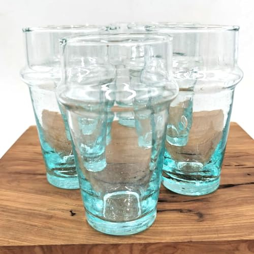 Genérico Beldi Verre marocain, verre recyclé soufflé à la main, 12 cm de haut x 6 cm de diamètre, transparent, classique, artisanal, traditionnel marocain, pour thé et boissons, usage quotidien