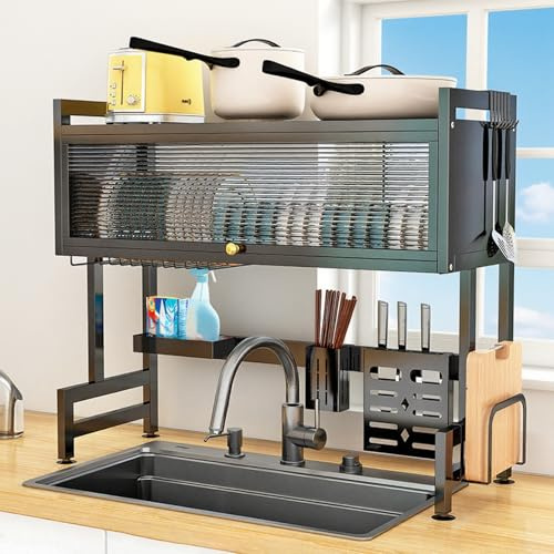 YUZINO Over The Sink Dish Drying Rack, 3 Tier Washing Up Drainer Rack, Dishes Storage Shelf With Utensil Holder, Cutting Board Holder and 6 Hooks for Kitchen Organization (105x28x80cm)