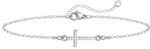 Emibele Bracciale a croce d'argento per donne, catena a croce regolabile placcata in oro 14 carati, braccialetto a croce d'argento liscio e delicato, regalo religioso per battesimo cristiano e fede