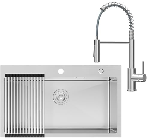 CECIPA 75x45 cm Évier Cuisine Inox 304, Pour plan de travail 80cm et plus | Évier avec égouttoir enroulable, kit de vidange complet, Robinet cuisine rétractable, Encastrée ou sur plan de travail