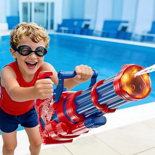 WOANZZ Gatling Elektrische Wasserpistole mit Automatischer Absaugung, XXL 1500ml Wasserpistole 10-12m Reichweite, LED Licht & Sound Spritzpistole, Sommer Outdoor Wasserspielzeug Kinder Erwachsene, Rot