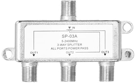 sourcing map 3 Way Coaxial Cable Splitter, 5-2400 MHz F Type Connector Coaxial Splitter Low Loss Signal Distributor for TV Satellite Antenna Modem Home HDTV CATV, Silver Tone