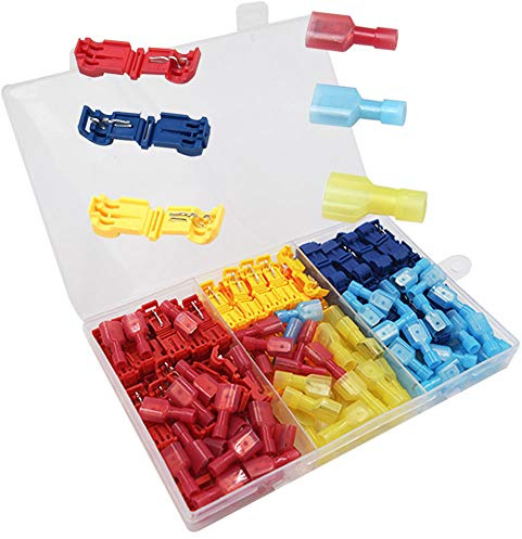 senvenelec 130Pcs (65 Paare) fortschrittliche T-Tap-Anschlussklemme Abzweigverbinder, T-Schnellverbinder + Vollisolierter Flachstecker - Rot 50Pcs, Blau 50Pcs, Gelb 30Pcs