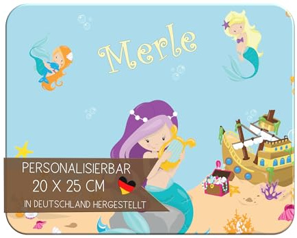 CreaDesign Personalisiertes Kinder Frühstücksbrett mit Namen,20x25cm,rutschfestes Schneidebrett aus Kunststoff,Meerjungfrau Design,spülmaschinen & mikrowellengeeignet,Perfektes Schneidbrett für Kinder