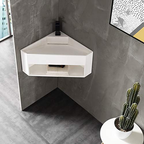 Lavabo ad angolo bagno piccolo in pietra solida (Solid Stone) TWG70 - bianco opaco - 50 x 50 x 28 cm