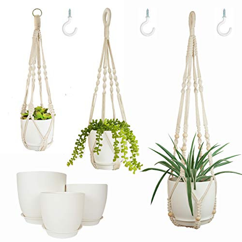 Bouqlife Macrame Plant Hangers with Pots and Saucers, 3 Pack Hanging Planters for Indoor Plants Hanging Plant Holders with Hooks 34 / 26 / 20