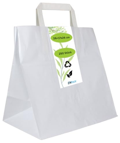 Enpack 250 x Geschenktüten Weiß mit Henkel – Papiertragetaschen 26×26 cm (Boden 17 cm) aus Kraftpapier, stabile Papiertüten für Boutiquen, Shops & Geschenkeshops – nachhaltig & elegant