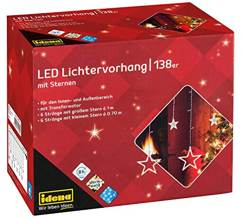 Idena 31485 - LED Lichtervorhang mit 138 LEDs in Warmweiß, 8 Stunden Timer Funktion & Transformator, mit 12 Sternsträngen ca. 2 x 1 m groß, zum Basteln, als Party Deko, Weihnachtsdeko, zur Hochzeit