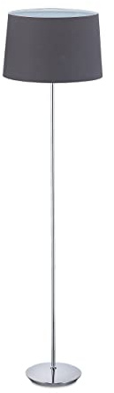 Relaxdays Golvlampa med tygskärm, förkromad fot, E27-fattning, Ø 40 cm, vardagsrum, golvlampa 148,5 cm hög, grå