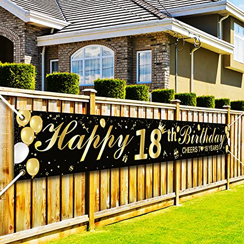 XINDY Lange Größe Schwarz Gold 18. Geburtstag Banner Deko 18 Geburtstag Junge Prost auf 18 Jahre Stoff Geburtstagsbanner 18 Geburtstag Junge Deko, 274 x 37 cm