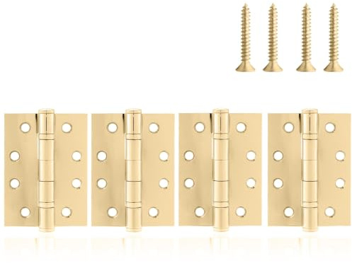XFORT 4 Inch (100mm) Ball Bearing Door Hinges in Polished Brass, Internal Door Hinges for Wooden Doors - 4 Pack