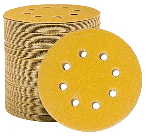 STEBRUAM 100 Stück Schleifpapier 125mm Klett 120 Körnung, Profi Gold Rund 8 Loch Schleifscheiben für Exzenterschleifer,Für Holz Metall und Farbe