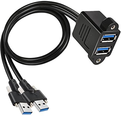 GINTOOYUN Dual USB 3.0 Cable with Panel Mount Screw, Dual Screw Locking 2 Ports USB 3.0 Male to Female Extension Cable (0.5m)