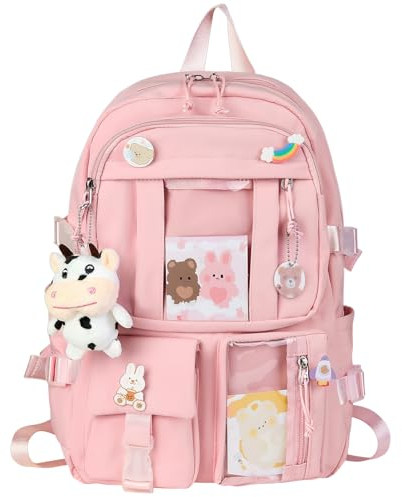 HORHEAR Zaino Kawaii con Accessori Graziosi Pin, Peluche Giocattolo Animale e Carta dei Cartoni Animati, Backpack, Zaino Scolastico(Stile-2-Rosa)