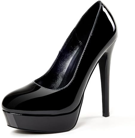 GENSHUO Plateau High Heels Damen Runde Lack Pumps 5.5 Zoll/14cm Geschlossene Zehen Stiletto Absatzschuhe für Party, Abend, Abschlussfeier Stöckelschuhe Sexy Hohe Schuhe Alles Schwarz 36 EU