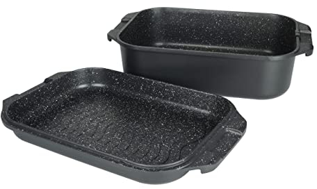 Commichef Roasting Dish with Dual Purpose Skillet Pan Lid, Cast Aluminium, Black, Suitable for Oven and All Types of Hob, Perfect for Roasting and Searing, 34 x 24 cm, XRST-3424BK