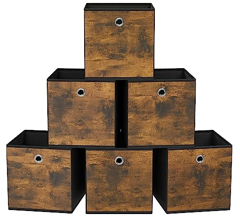 SONGMICS Aufbewahrungsbox, 6er Set, Ordnungsboxen, Oxford-Gewebe, Faltbox, 33 x 33 x 33 cm, Stoffbox, für Würfelregal, Organizer für Kleidung, vintagebraun-schwarz RFB133B01