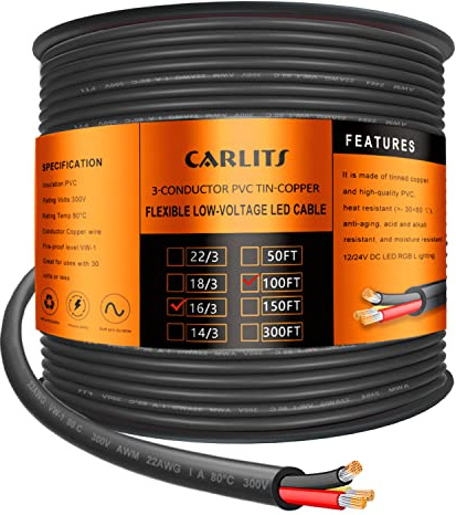CARLITS 16 Gauge 3 Conductor Electrical Wire, 100FT 16 AWG Stranded Low Voltage 16/3 Cable Tinned Copper, Flexible Extension Power Cord for LED Lamp