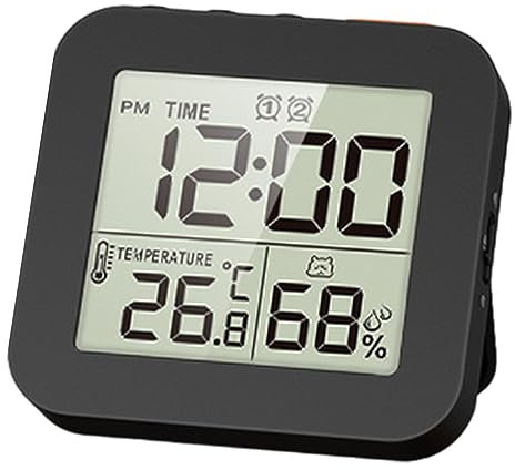Digitaler Badezimmer-Duschtimer, Küchenuhr mit Alarm, wasserdichter Timer, Innenthermometer und Hygrometer für Dusche, Kochen, Make-up, Schwarz
