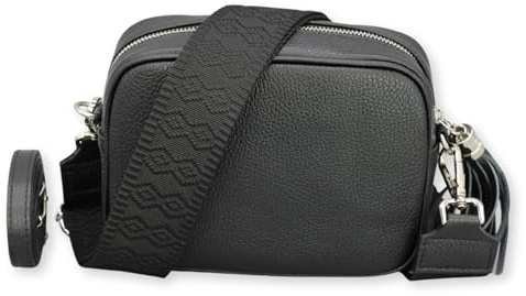 Brise Art KIRA Silber Umhängetasche Echtleder Handgefertigt Crossbody Bag | Damen Schultertasche mit Ledergurt & wahlweise gemustertem Riemen, Echtes Leder, 2 Fächer, Made in Italy