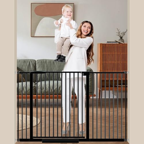DEARBB Extra Wide Baby Gate Ultra Narrow Spacing 30.11-77.36 Pressure Mounted Double Lock Swing Auto Close Walk Through Metal Safety Pet Gate for Stairs and House Doorway Kitchen