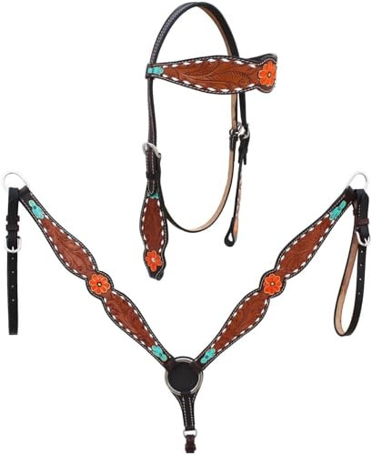 EQUIGEAR Western-Leder-Set mit handgefertigtem Kopfstück und Vorderzeug mit Zügeln. /Size-Full,Cob,Pony AO-0074 (Cob)