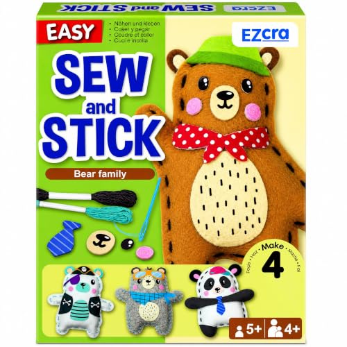 EZCRA Bear & Animal Sewing Kit for Kids Ages 4-8, No-Mess Felt Craft Projects, 4 Easy Beginner Learn-to-Sew Arts & Crafts for Boys and Girls
