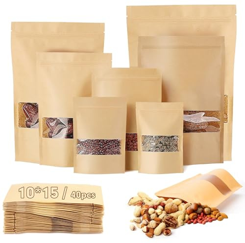 40 Stück Kraftpapier Tüten 10X15cm Papiertüten mit Fenster Wiederverwendbar Kraftpapiertüten Kekstüten Papier für Nüsse Kaffeebohnen Teeblätter Süßigkeiten Snacks