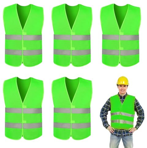 Hi Vis Vests, 5PCS Safety Vests, Unisex Hi Vis Jacket with Reflective Strip for Outdoor Running Walking Motor Bicycle Drivers(Green)