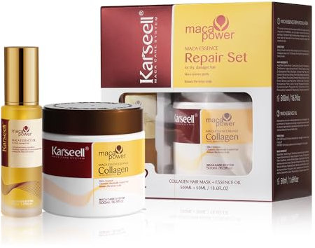 Karseell Collagen Maca Essence Repair Set, Collagen Hair Mask 500ml & Maca Essence Hair Oil 50ml, Argan Oil Hair Treatment for Dry Damaged Hair All Hair Types